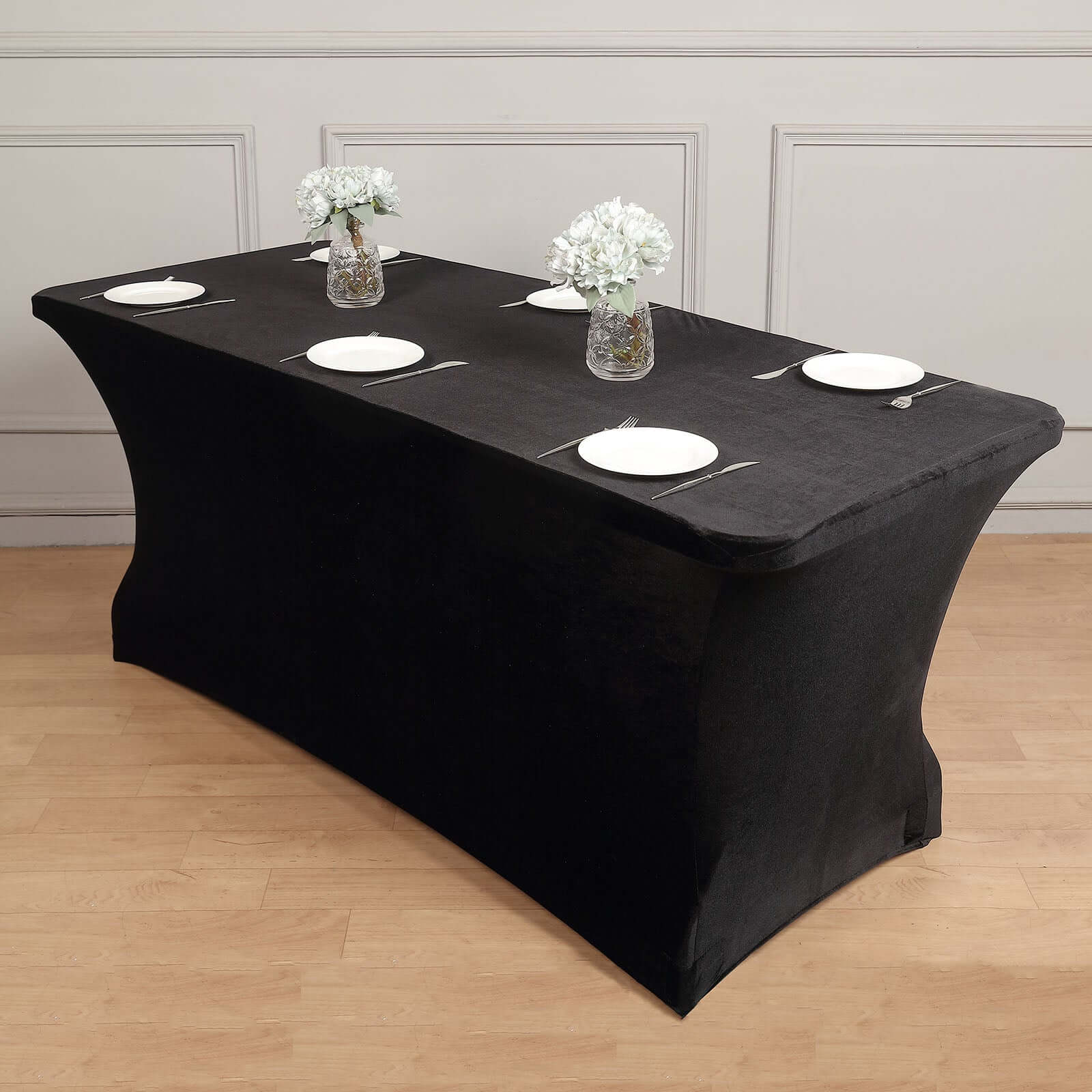 Velvet Spandex 6ft Rectangle Tablecloth Black - Fitted Wrinkle-Free Design for 72"x30" Tables