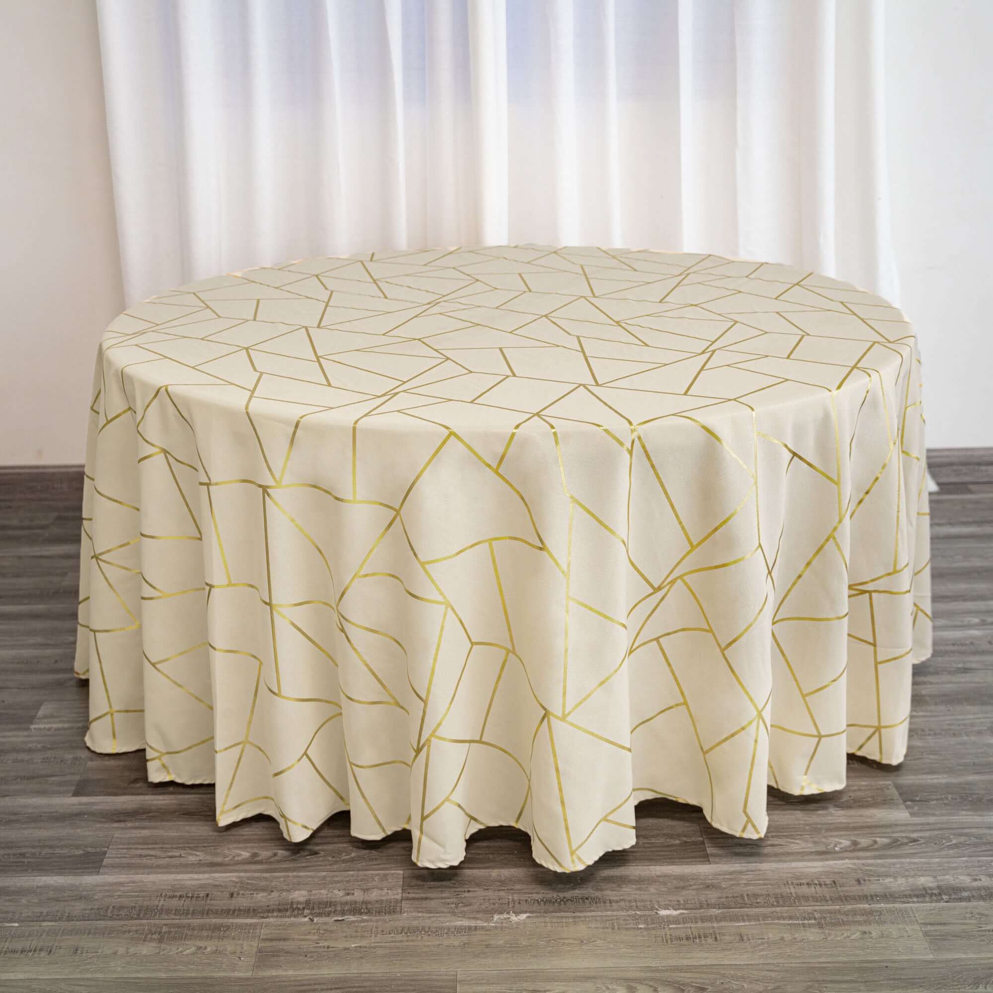 Polyester 120" Round Tablecloth Beige with Gold Foil Geometric Pattern Wrinkle-Resistant Seamless Table Cover
