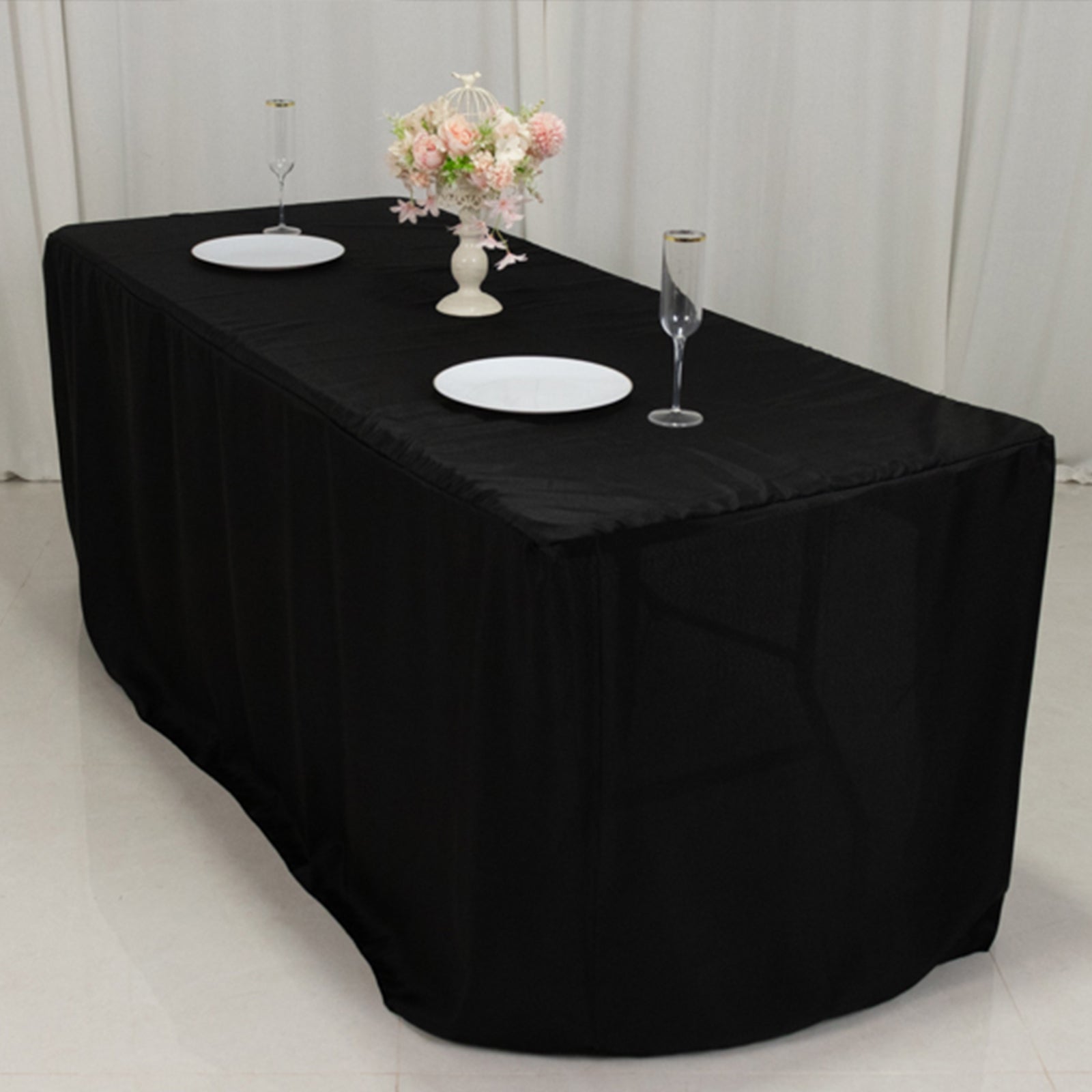 Fitted Polyester 72"x30" Rectangle Tablecloth Black with Open Back Design - Easy to Maintain and Wrinkle-Resistant Table Cover