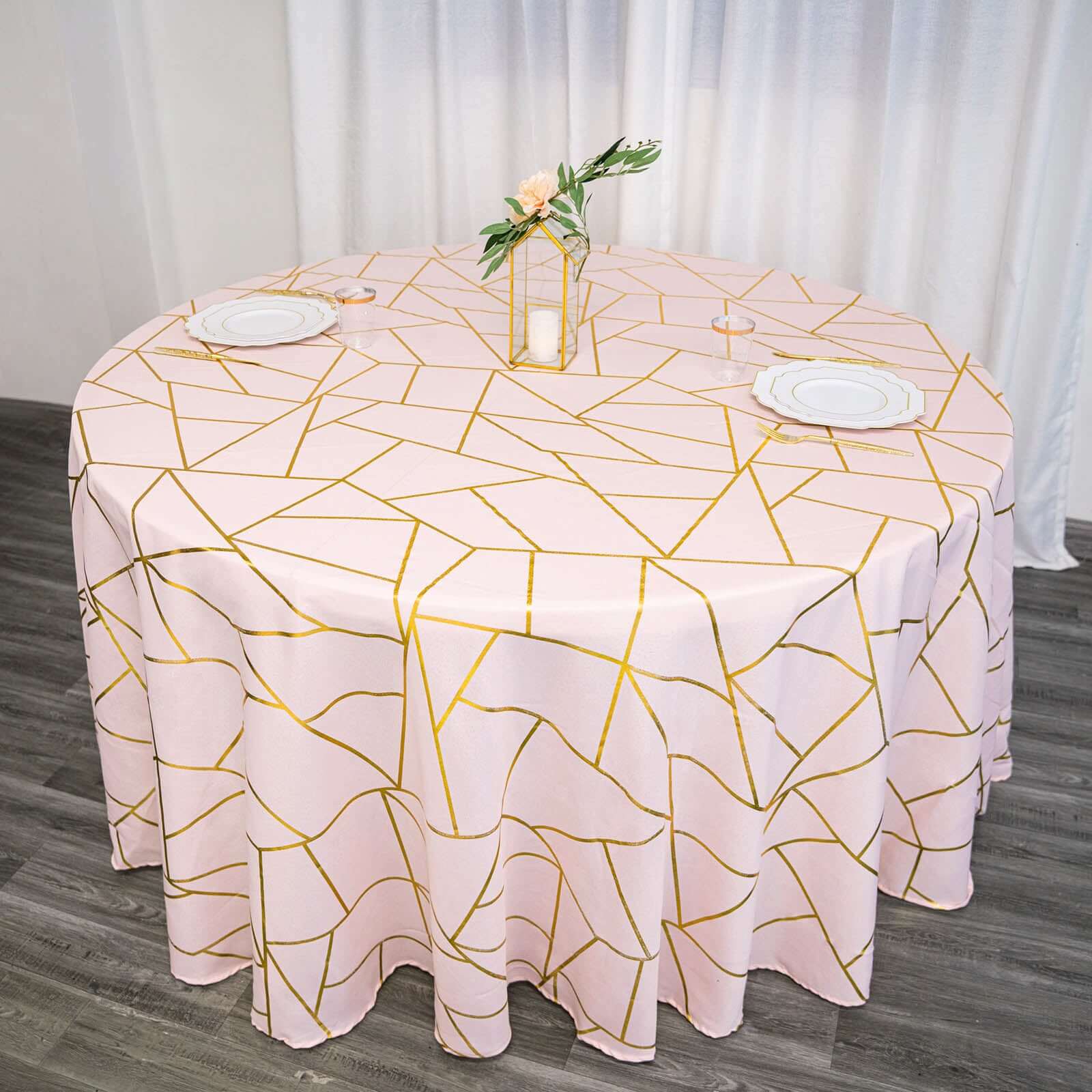 Polyester 120" Round Tablecloth Blush with Gold Foil Geometric Pattern Wrinkle-Resistant Seamless Table Cover