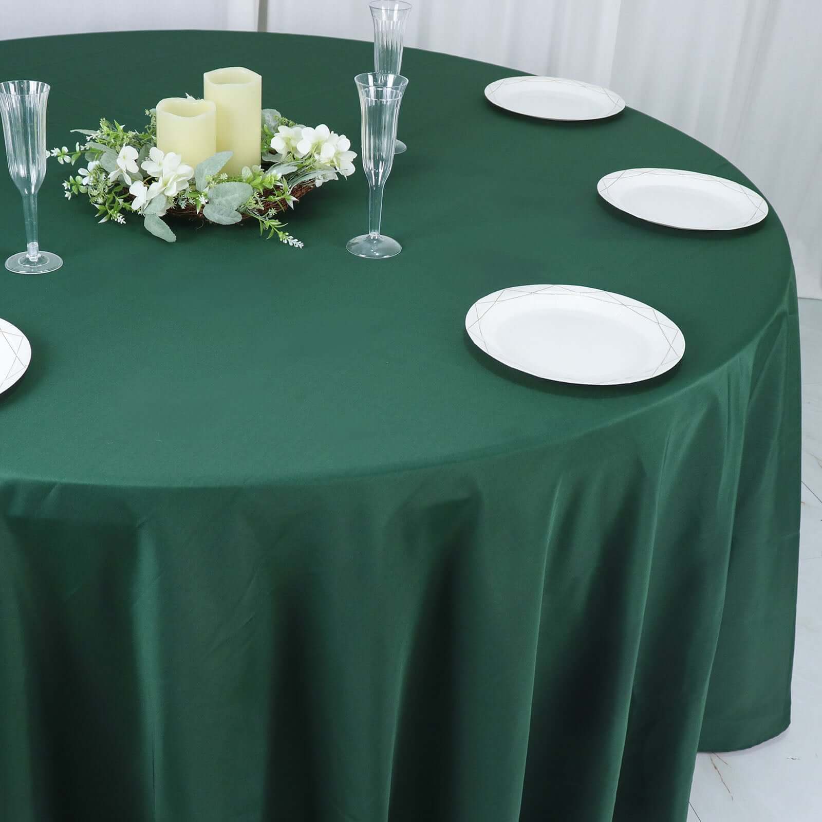 Polyester 132" Round Tablecloth Hunter Emerald Green - Seamless Chic Table Cover