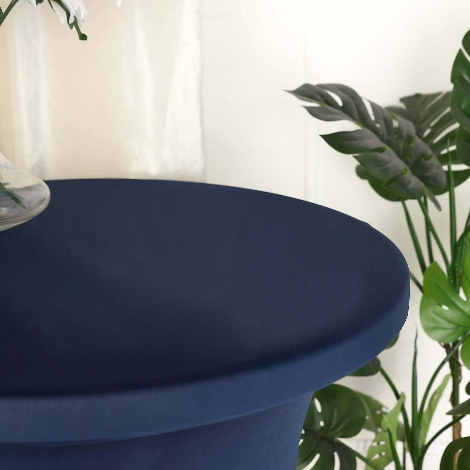 Spandex 32" Round Cocktail Table Cover Skirt Navy Blue With Natural Wavy Drapes