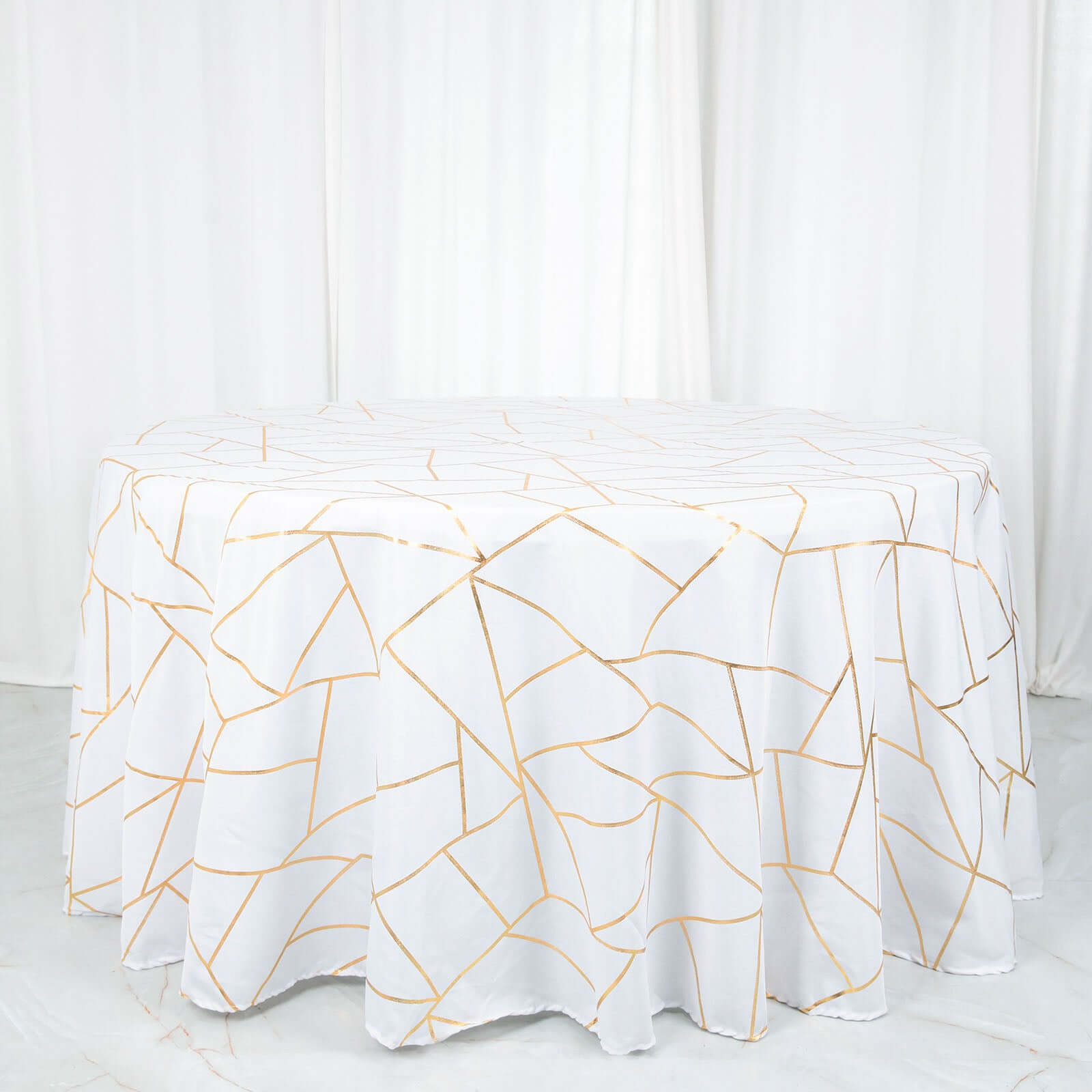 Polyester 120" Round Tablecloth White with Gold Foil Geometric Pattern Wrinkle-Resistant Modern Seamless Table Cover