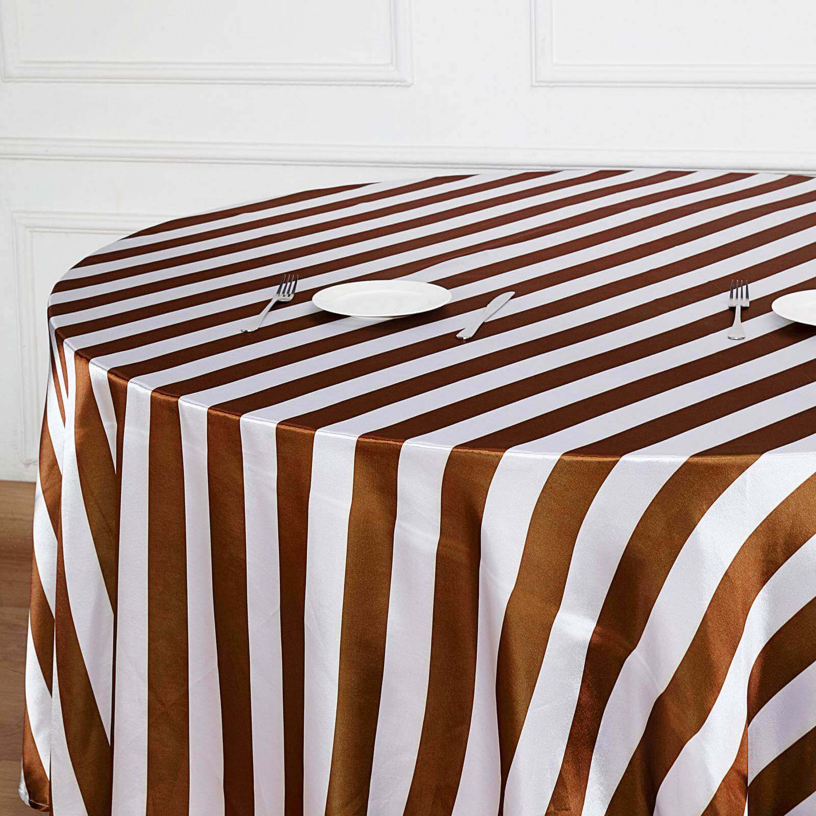 Satin 120" Round Tablecloth Gold/White - Stripe Design with Seamless Silky Smooth Finish Table Cover