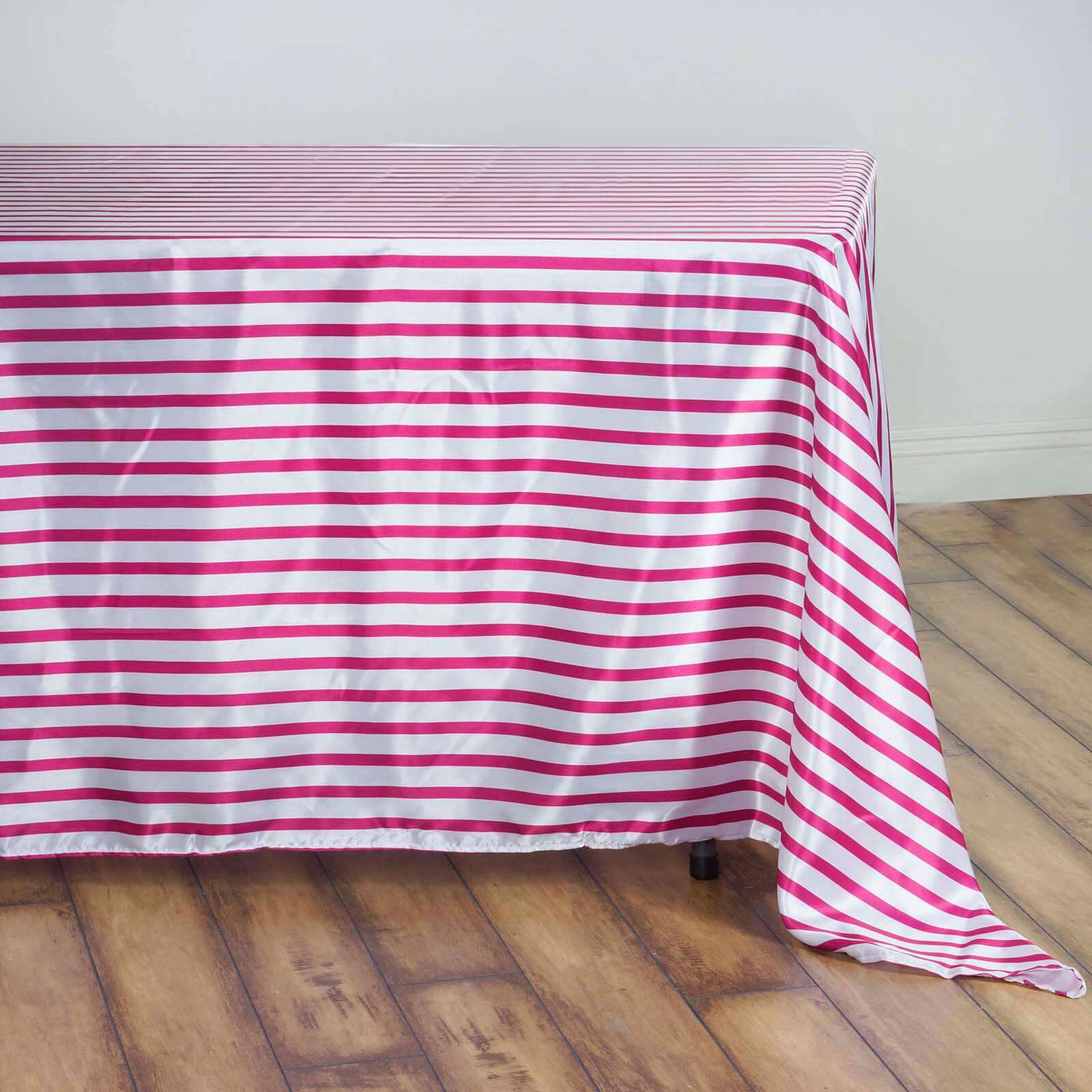 Satin 60"x102" Rectangle Tablecloth White/Fuchsia - Stripe Design with Silky Smooth Finish Table Cover