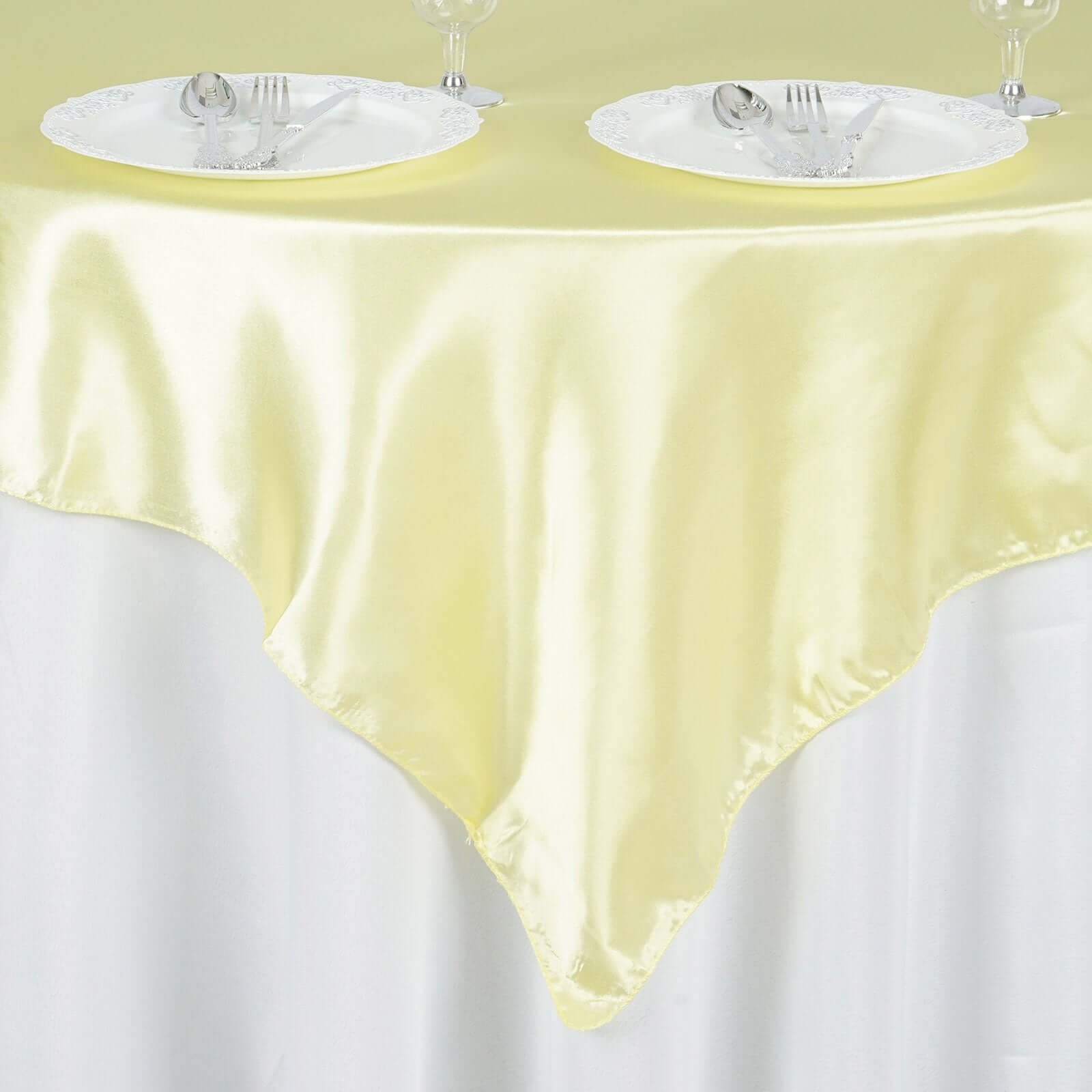 Satin 60"x60" Table Overlay Square Tablecloth Yellow - Smooth Silky Touch Table Cover