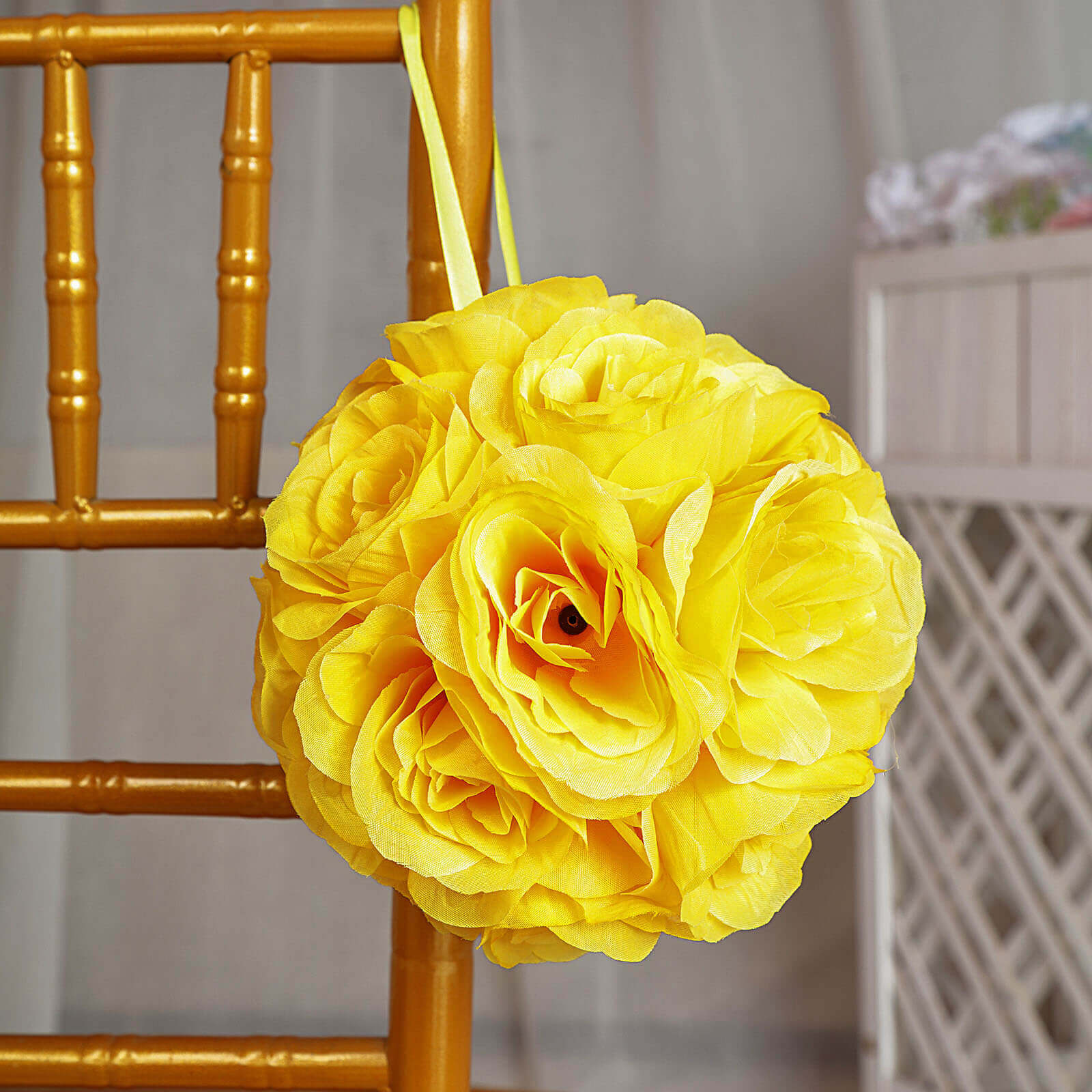 2 Pack 7" Yellow Artificial Silk Rose Kissing Ball, Faux Flower Ball