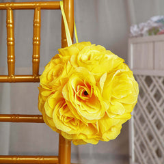 2 Pack 7" Yellow Artificial Silk Rose Kissing Ball, Faux Flower Ball