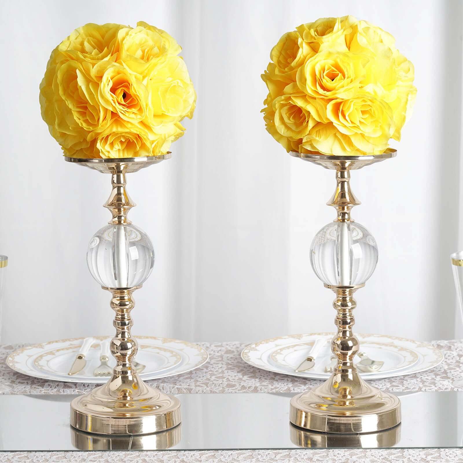 2 Pack 7" Yellow Artificial Silk Rose Kissing Ball, Faux Flower Ball
