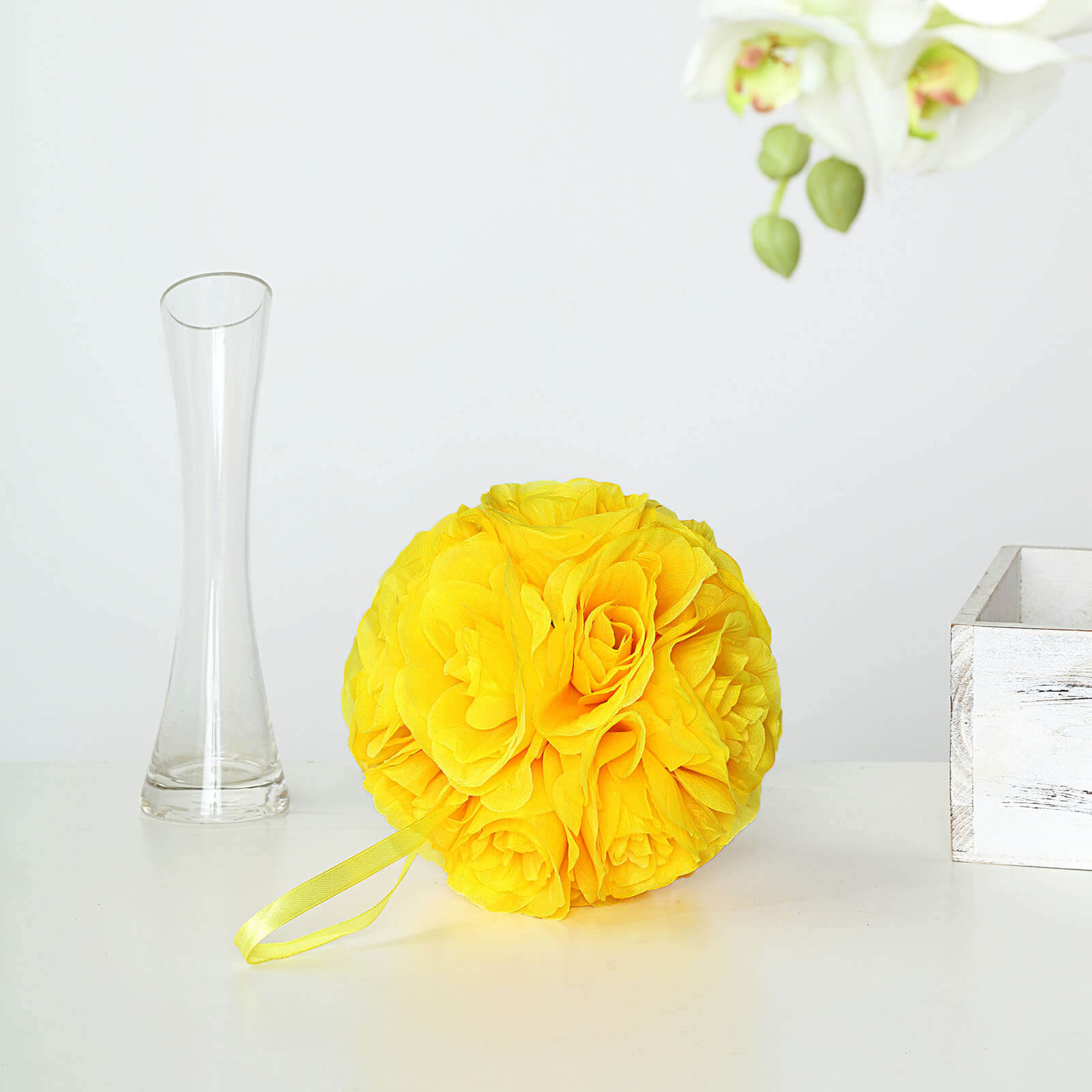 2 Pack 7" Yellow Artificial Silk Rose Kissing Ball, Faux Flower Ball