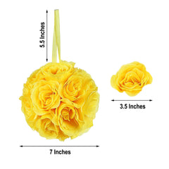 2 Pack 7" Yellow Artificial Silk Rose Kissing Ball, Faux Flower Ball