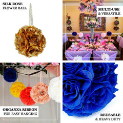 2 Pack 7" Yellow Artificial Silk Rose Kissing Ball, Faux Flower Ball