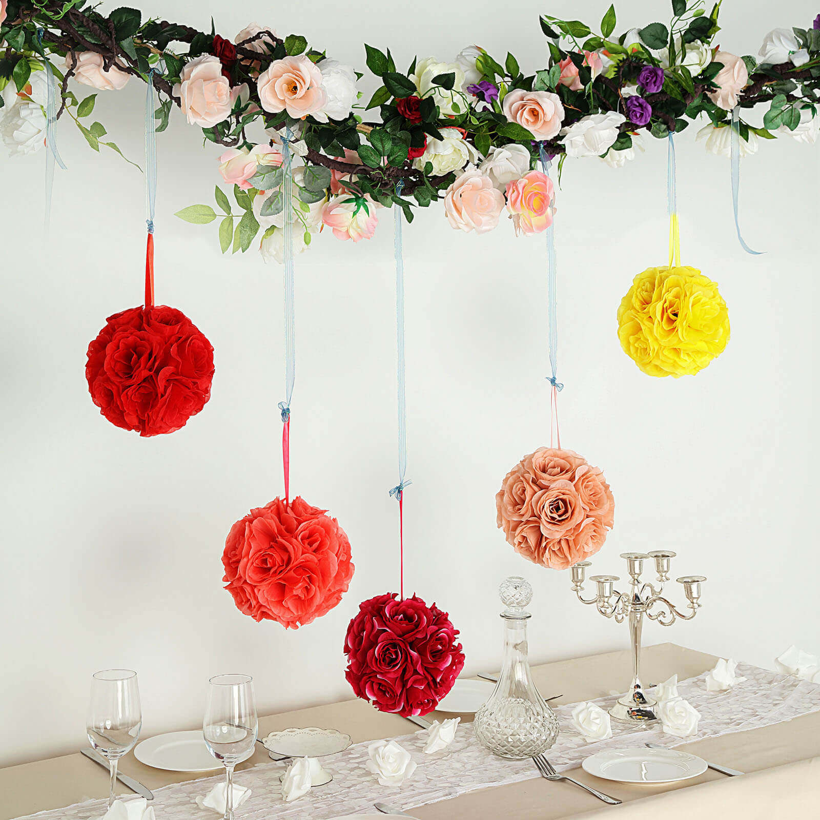 2 Pack 7" Yellow Artificial Silk Rose Kissing Ball, Faux Flower Ball