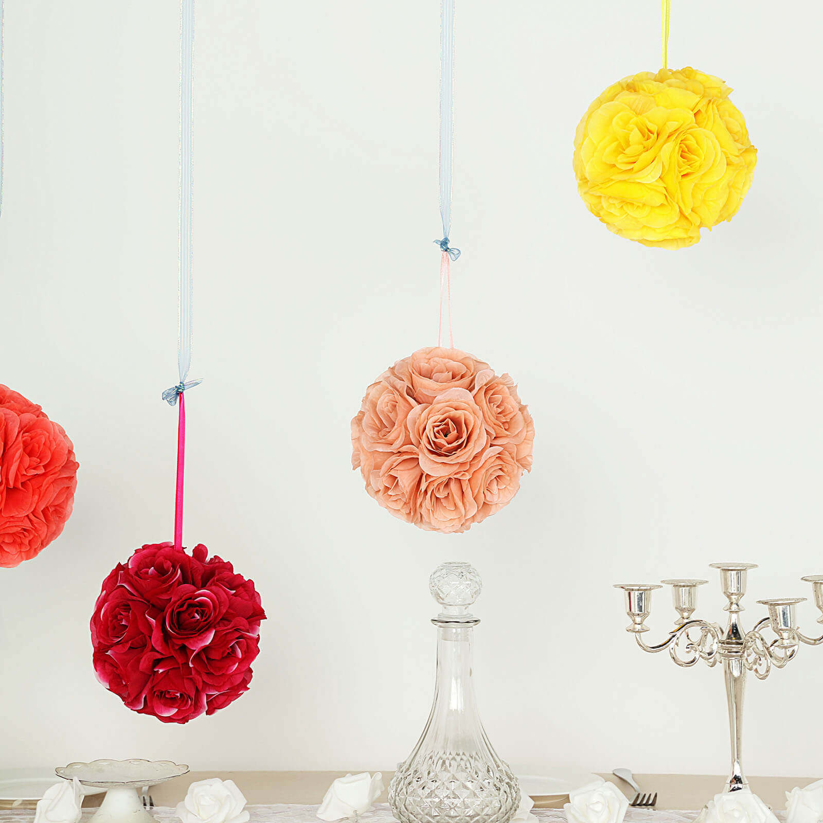 2 Pack 7" Yellow Artificial Silk Rose Kissing Ball, Faux Flower Ball