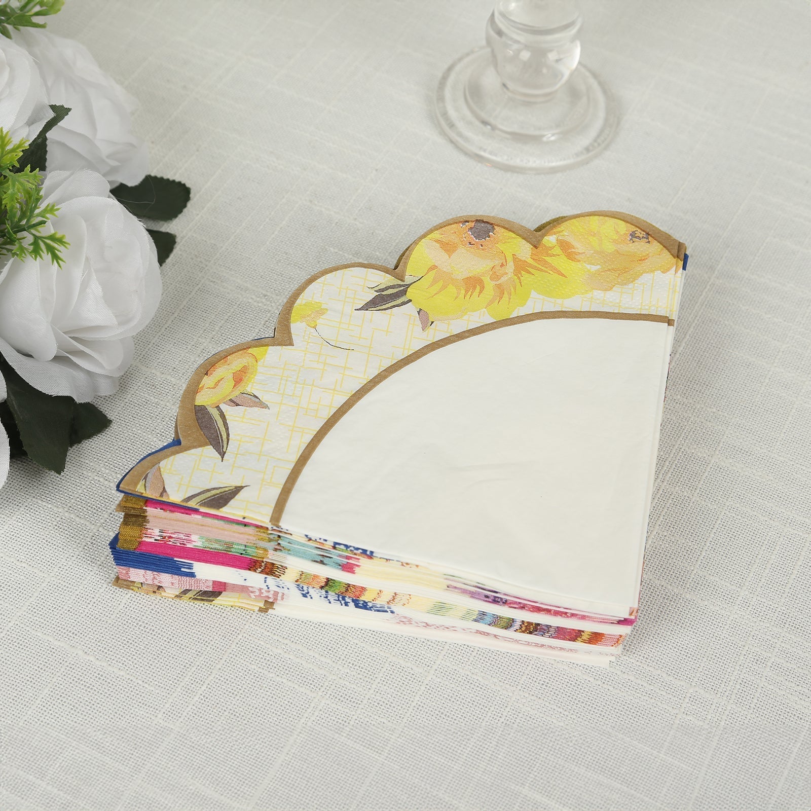 48-Pack Round Paper Cocktail Napkins with Vintage Floral Mixed Design and Scalloped Edges - Soft 2 Ply Disposable Napkins 12"