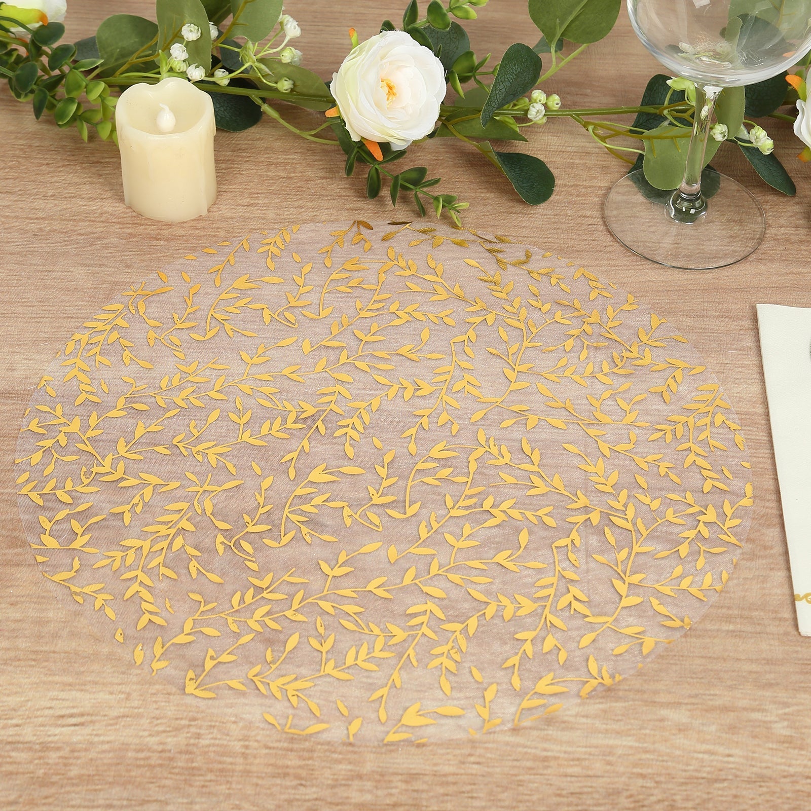 10-Pack Table Placemats Gold Foil Leaf Vine Design White Round - Organza Disposable Floral Mats 13"