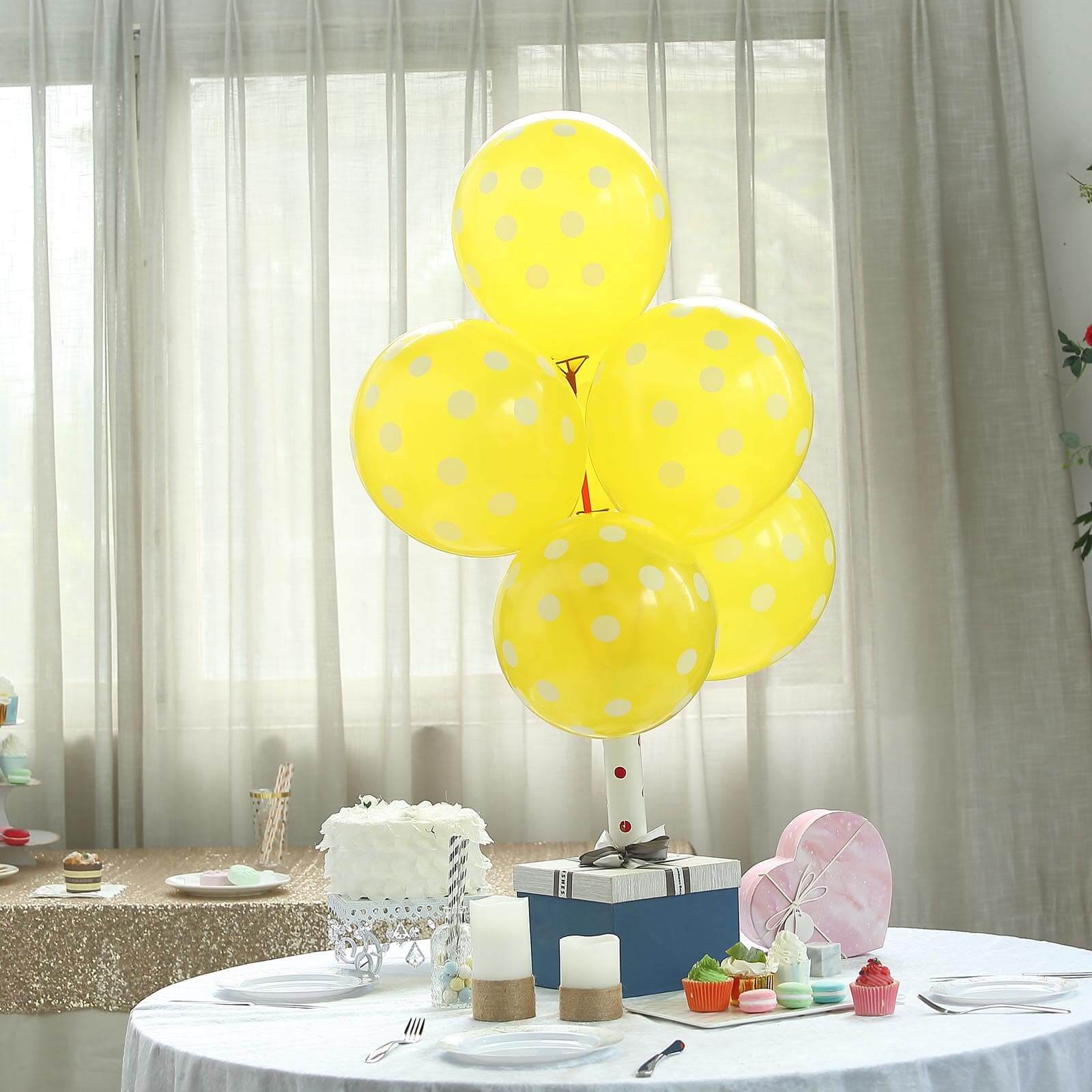 25 Pack 12" Yellow and White Fun Polka Dot Latex Party Balloons